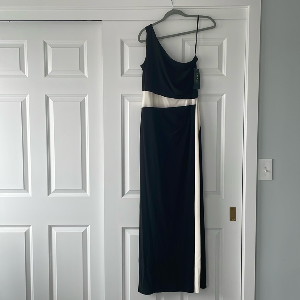 Ralph Lauren Evening. Black and white long dress with slit.